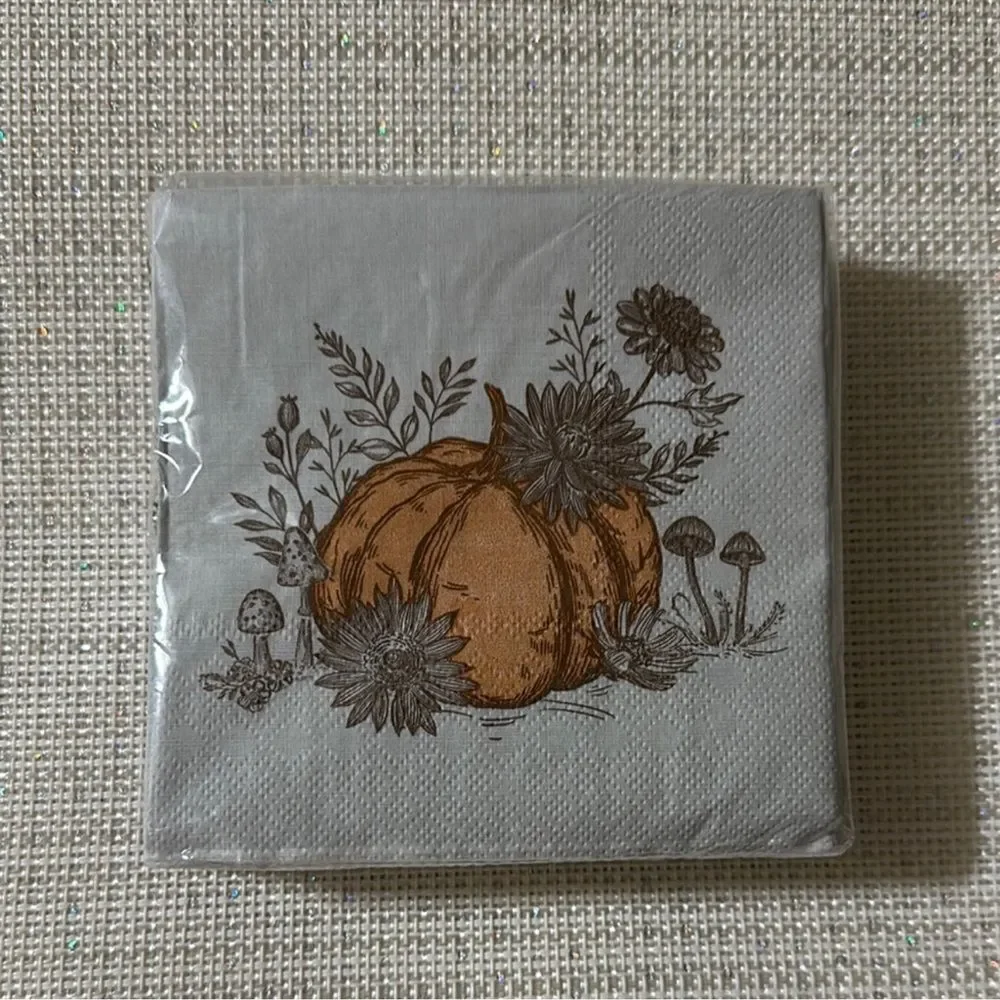 Punch Studio 40 Fall Harvest Pumpkin Square 3-ply Beige Brown Beverage Napkins